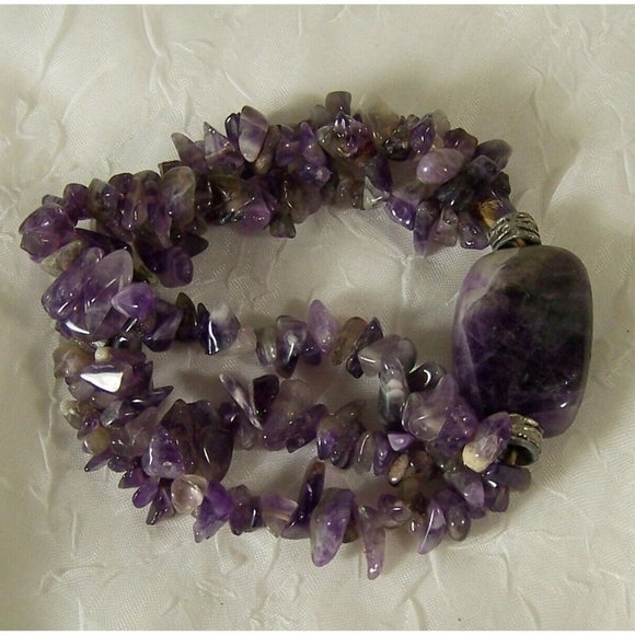 Amethyst Polished Stone and Chips Stretch Three Strand Bracelet - Picture 3 of 6